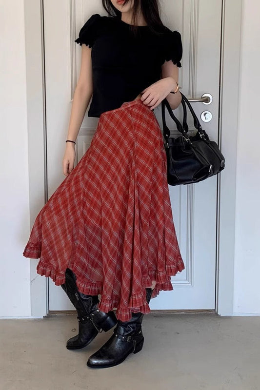 Two-tone Plaid Asymmetrical Skirt