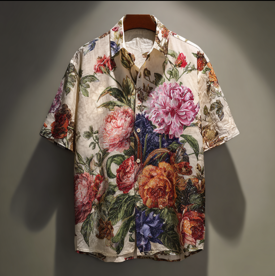 Bohemian Style Plant And Flower Pattern Men's Retro Cotton And Linen Shirt elevenforest