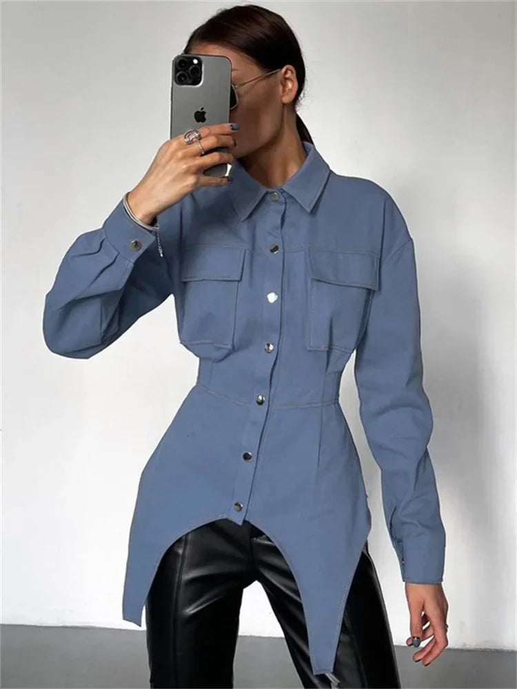 Lapel Patchwork Shirts for Slim Long Sleeve Pocket High Waist Autumn Cardigan Shirts