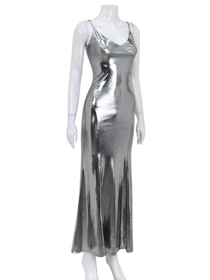 Sleeveless Shiny Color Split-joint Spaghetti-neck Maxi Dresses