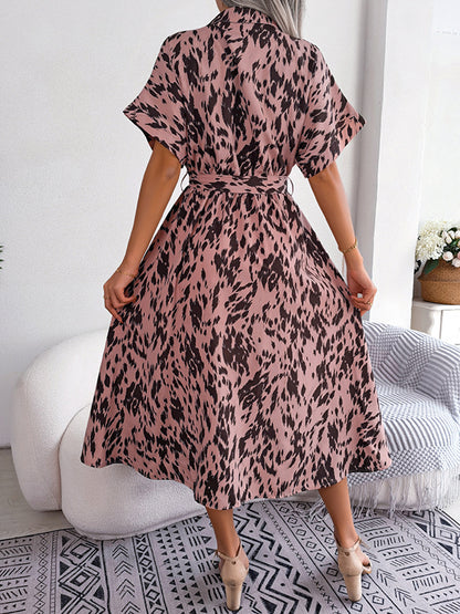 Loose Short Sleeves Leopard Ribbed Lapel Midi Dresses