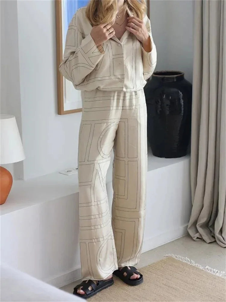 Patchwork Printed 2 Piece-set for Trousers Lapel Shirts Nightwear Slim High Waist ’s Pants Sets