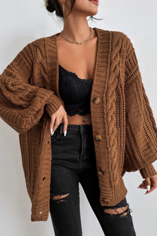 V-neck Cable Knit Balloon Sleeve Cardigan
