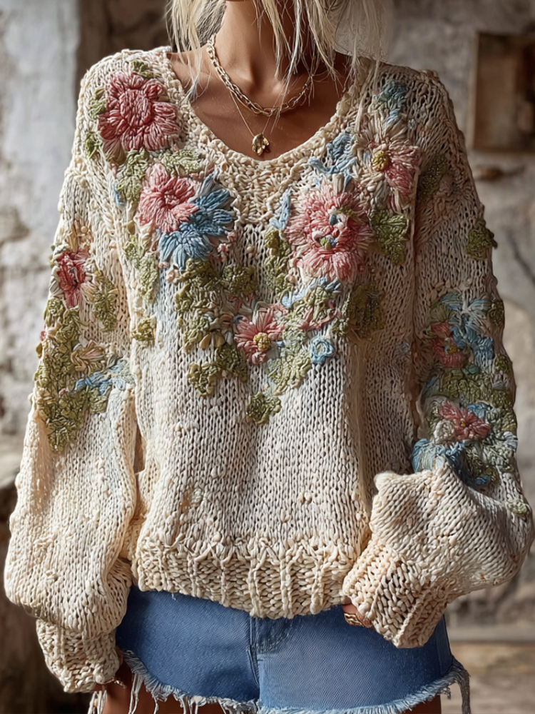 Bohemian Style Plant And Flower Embroidery Pattern Women's Round Neck Knitted Sweater elevenforest