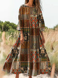 Women's Vintage Bohemian Floral Art Print Flowy Cotton Crew Neck Dress