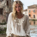 Boho Hydrangea Tassel Embroidery Women's Linen Long Sleeve Shirt elevenforest