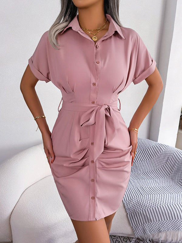 Short Sleeves Bandage Pleated Color Lapel Mini Dresses