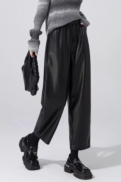 Slim Pu Leather Elastic Waist Straight Pants