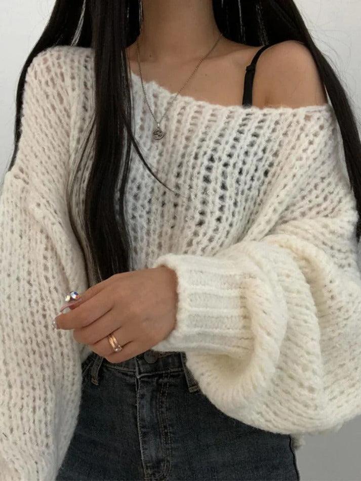 Cutout Lantern Sleeve Loose Sweater