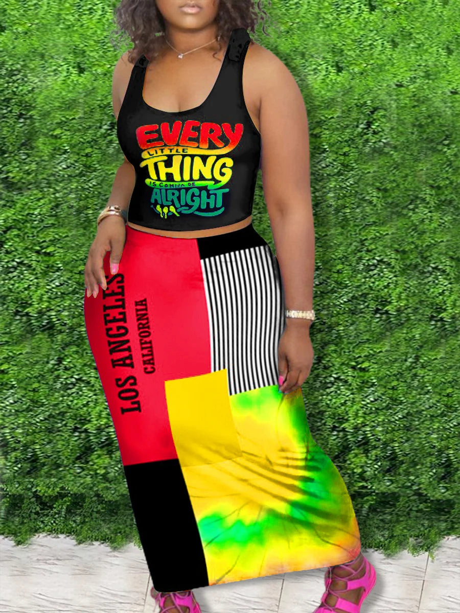 Outfits Two Piece Set ’s Letter Print Round Neck Crop Tank Top –