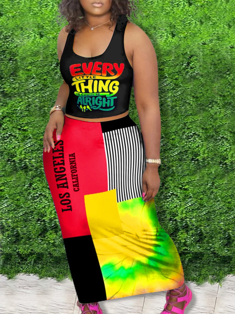 Outfits Two Piece Set ’s Letter Print Round Neck Crop Tank Top –