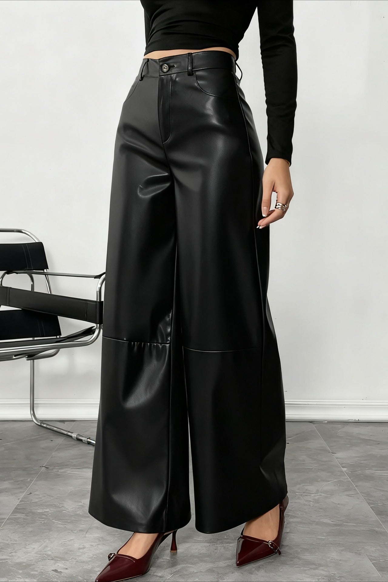 High Waist Fluid Black Pu Leather Wide Leg Pants