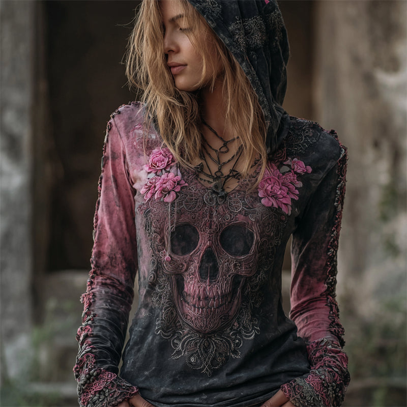 Vintage Skull Floral Fiber Art Pink Dyed Hooded T Shirt elevenforest
