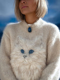 Cute Fuzzy Cat Embroidered Cozy Knit Sweater artswardrobe