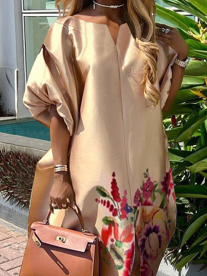 A-line Half Sleeves Elasticity Flower Print Split-front V-neck Maxi Dresses