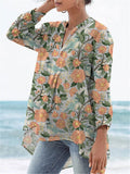 Birds And Spring Floral Bush Pattern Printed Women's Casual Linen V-neck Shirt