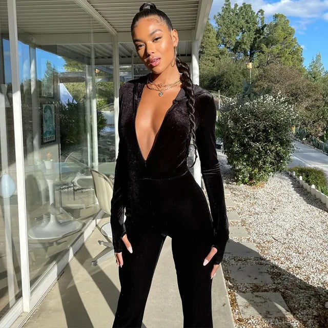 Black Corduroy Bodycon Hooded Jumpsuit Autumn New Long Sleeve V-neck Outfits Female Overalls Fitness New