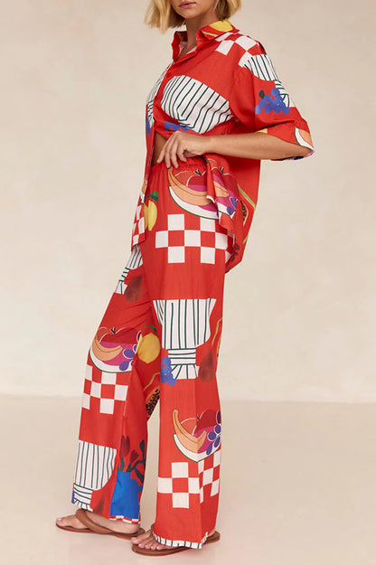 Unique Printed Shirt and Elastic Waist Pants Set