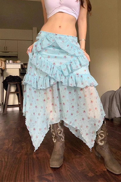 Sheer Low Waist Asymmetrical Ruffle a Line Skirt