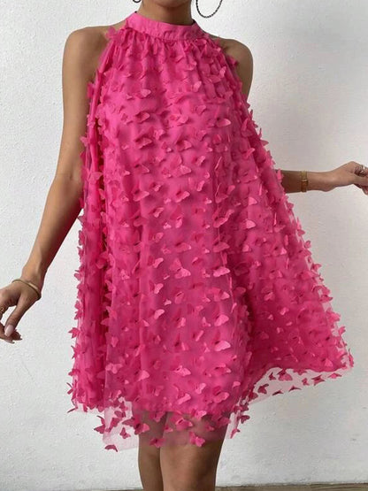 Loose Sleeveless Jacquard Pleated Color Split-joint Stand Collar Mini Dresses