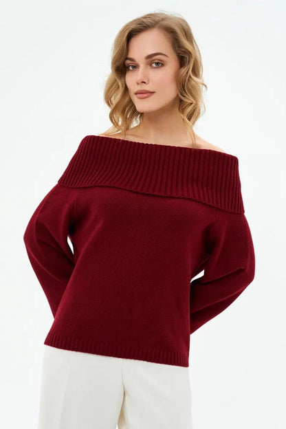 Color Off Shoulder Knitted Sweater