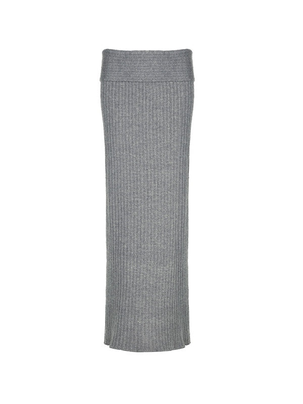 Grey Turned Waist Low Rise Maxi Skirt