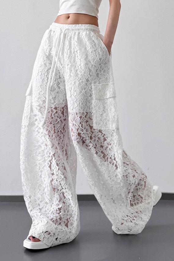 White Lace Cutout Wide Leg Pants