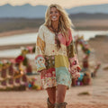 Women's Patchwork Floral Art Cozy Knit Mini Sweater Dress