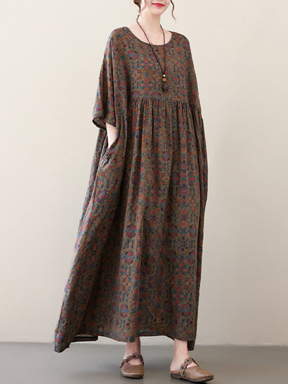 Vacation Loose Half Sleeves Printed Pleated Round-neck Midi Dresses
