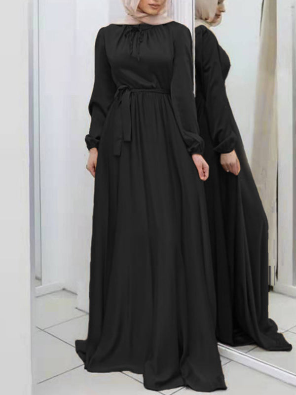 Long Sleeves Loose Pleated Color Tied Waist Maxi Dresses