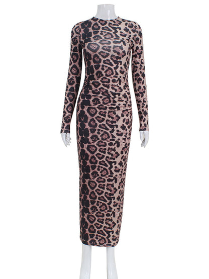 Bodycon Long Sleeves Leopard Printed Round-neck Maxi Dresses