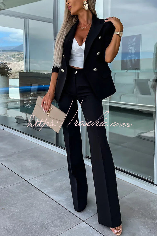 Time to Charm Lapel Button Pocket Long Sleeve Blazer Elastic Waist Pants Suit