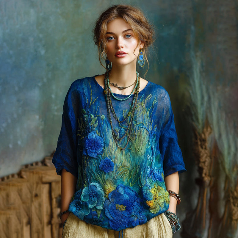 Vintage Oil Painting Floral Embroidered Contrast Flowy Linen Shirt elevenforest