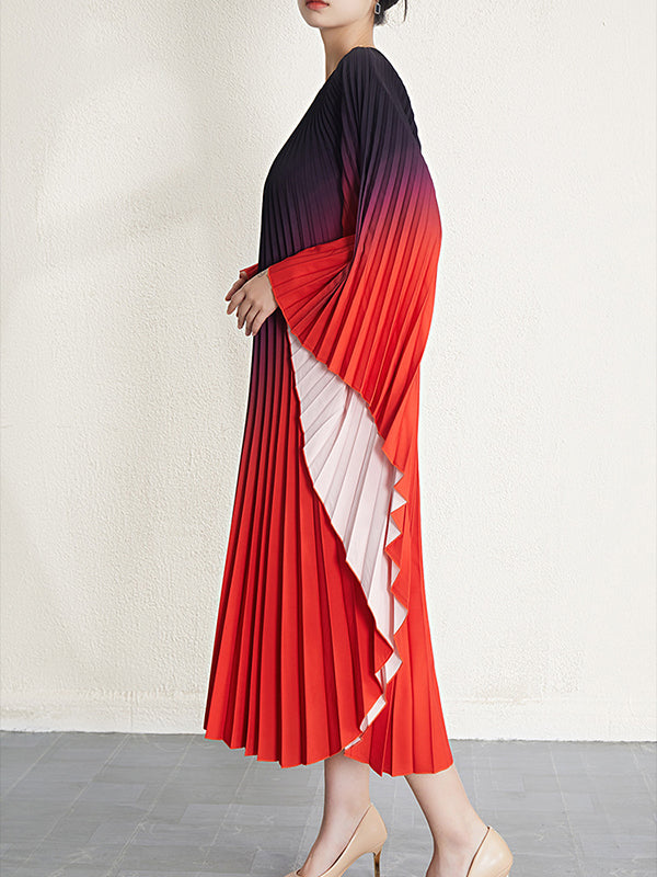 Batwing Sleeves Loose Gradient Pleated Round-neck Midi Dresses
