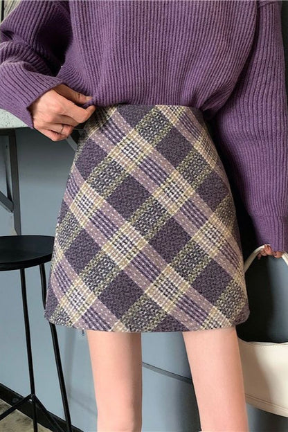 Wool Plaid High Waist A-line Skirt