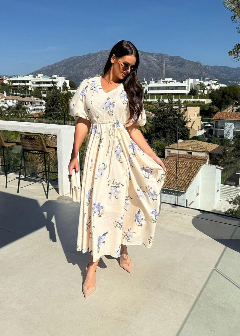 Beige Puff Sleeve Maxi Dress – V-neck A-line Gown