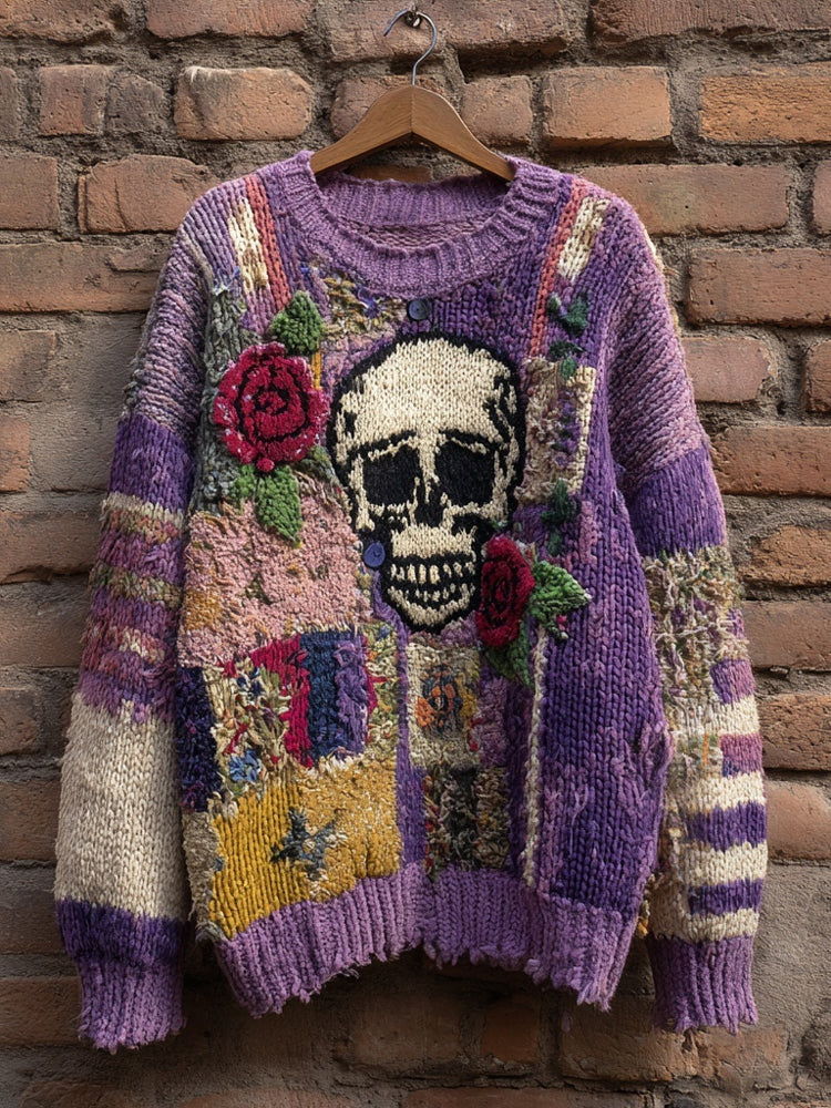 Vintage Skull & Roses Embroidered Patchwork Cozy Sweater artswardrobe