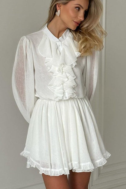 Ruffled Stand Collar Long Sleeve Mini Dress