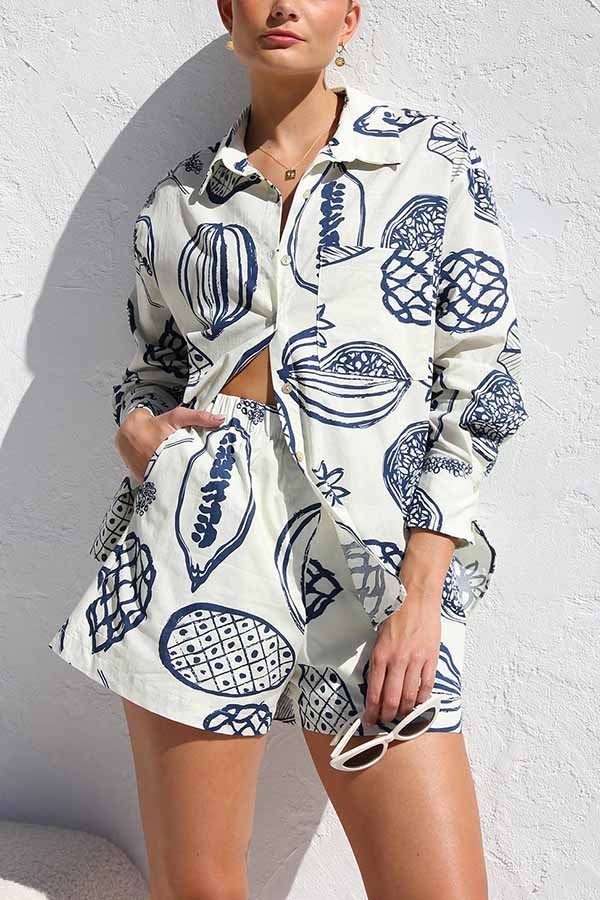 Parkside Tropical Fruit Print Loose Shirt and Elastic Waist Pocketed Shorts Set