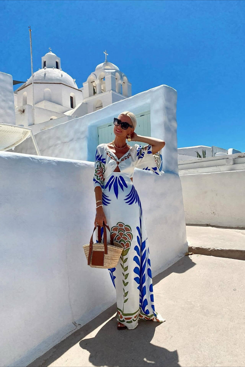 Vacation Print Backless Slim Maxi Dress
