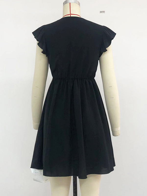A-line High Waisted Hollow Pleated Ruffled Color Split-joint Deep V-neck Mini Dresses