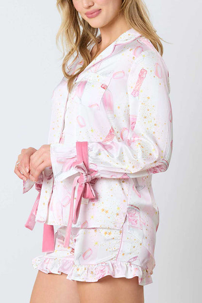 Christmas Printed Bow Tie Top and Elastic Waist Ruffle Shorts Set