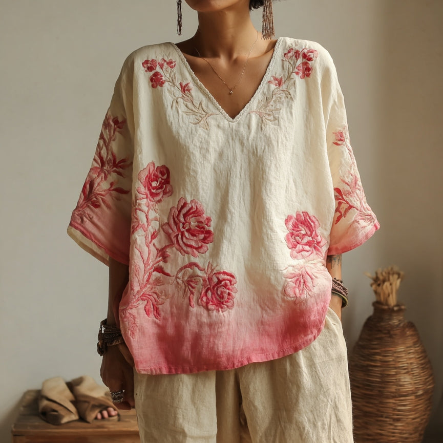 Vintage Rose Gradient Floral Pattern Art Linen Shirts elevenforest