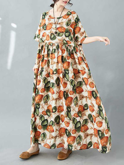 Half Sleeves Loose Pleated Printed Split-joint Round-neck Midi Dresses