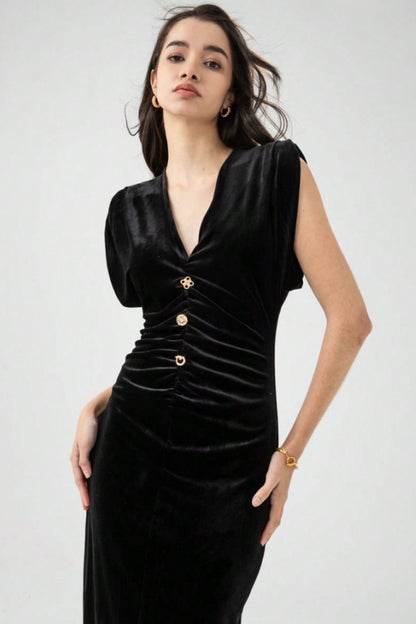 Velvet Ruched V-neck Bodycon Midi Dress