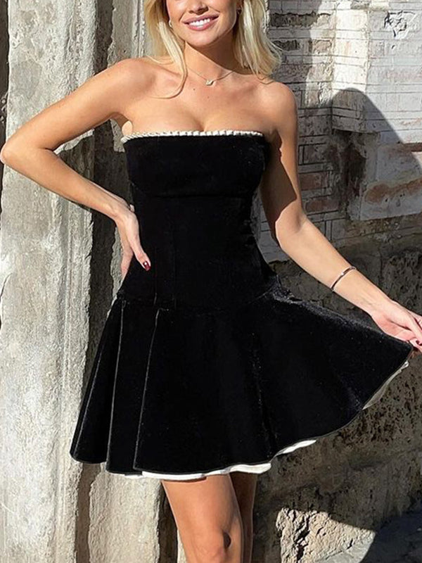 Black Velvet Splice Pleated Bandeau Mini Dress