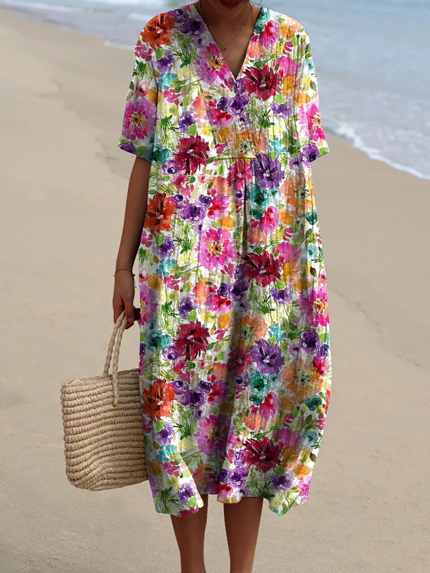 Lovely Watercolor Summer Floral Printed Women's Flowy Dress