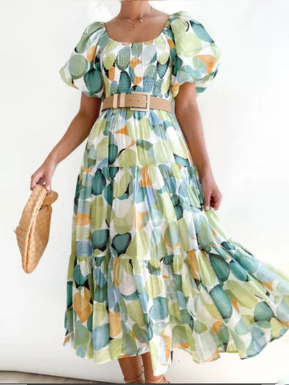 Color Print Off Shoulder Long Dresses Short Sleeves Backless Beach Vacation Style Dress Summer Vestidos