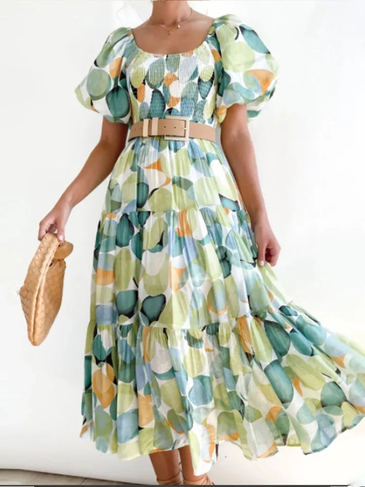 Color Print Off Shoulder Long Dresses Short Sleeves Backless Beach Vacation Style Dress Summer Vestidos