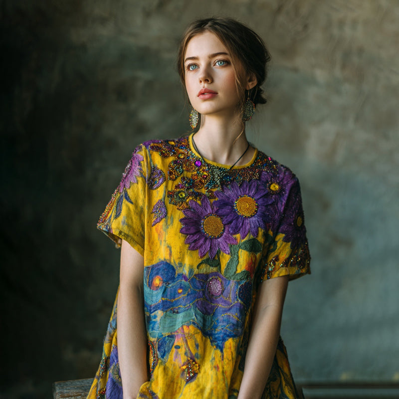 Oil Painting Style Starry Sky Sunflower Hand-beaded Embroidered Linen T-shirt elevenforest